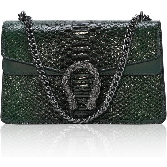 ⚡ Women's Dark Green Snake Vegan Leather Print Casual Satchel Crossbody Handbag - Picture 6 of 7